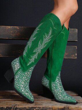 Green Vintage Women's Rhinestone Pointed Toe Chunky Heel Mid-Calf Boots